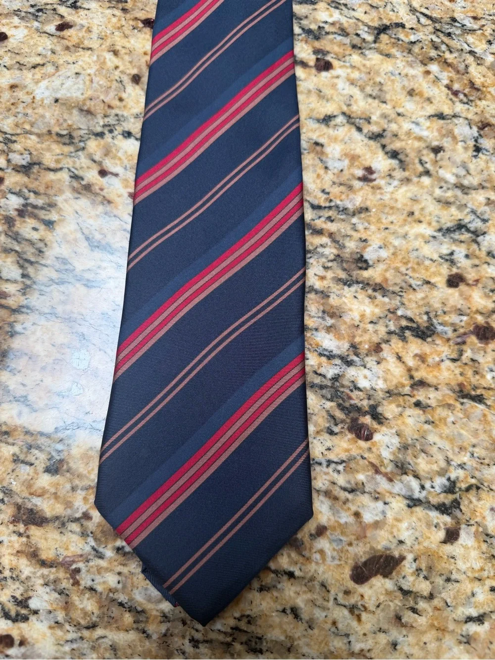 Dior Navy Silk Tie with Red and Tan Stripes